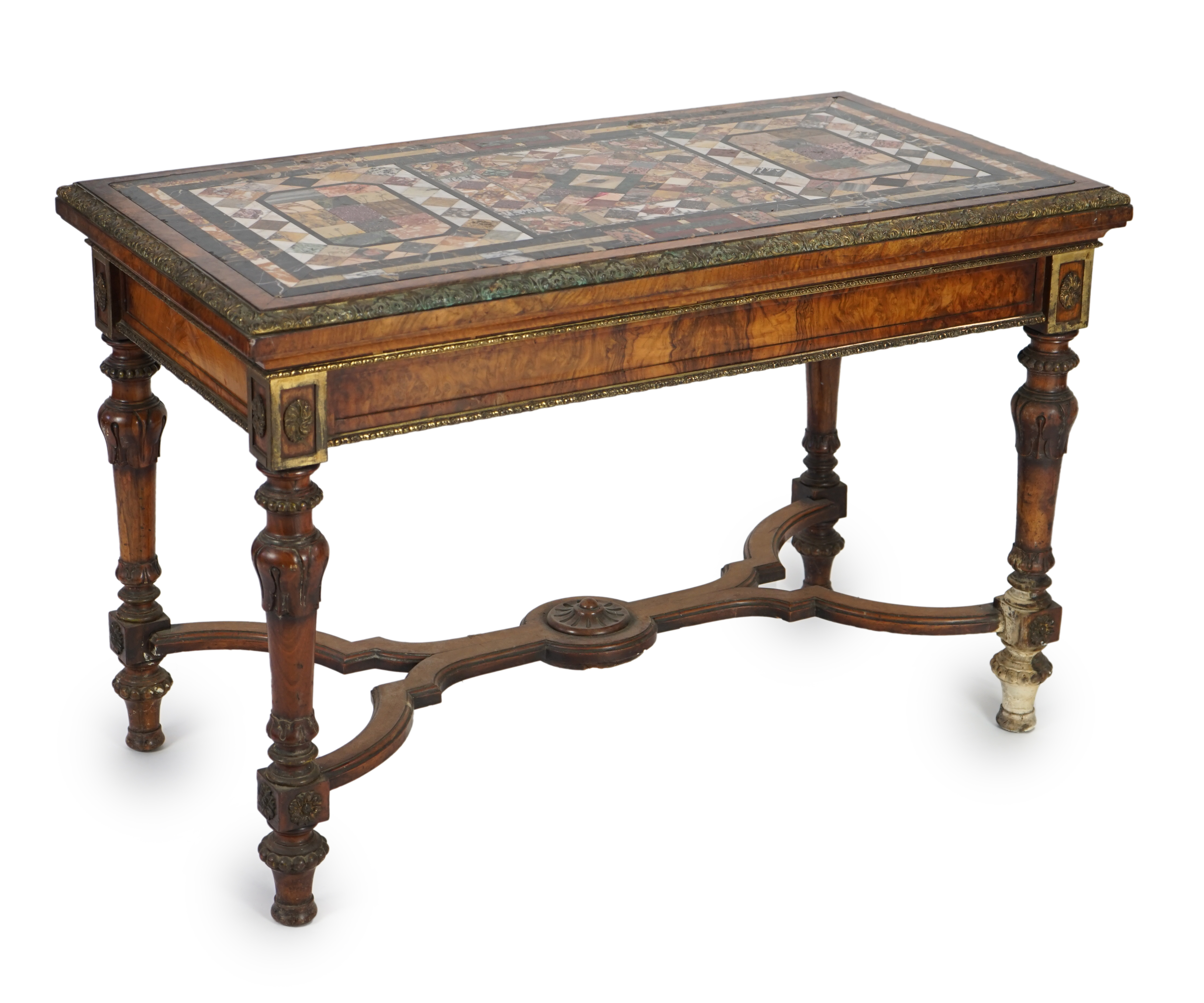 A mid Victorian ormolu mounted walnut pietra dura top centre table